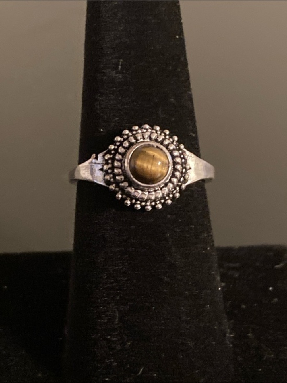 Beaded Halo Tiger's Eye Ring in Silver - Brown size 7